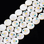 Natural Freshwater Shell Enamel Beads, Flat Round with Flower