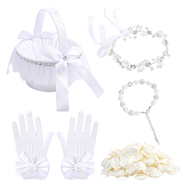 Свадебные принадлежности, включая корзины из полипропиленового полиэстера, Свадебные головные уборы из сплава и искусственного жемчуга, браслеты из стразов, шелковые искусственные лепестки роз, перчатки из полиэстера с бантиком и кружевом на пальцах