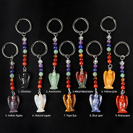 Natural Gemstone Angel Pendant Keychain, Chakra Reiki Energy Stone Beaded Keychain for Bag Jewelry Gift Decoration