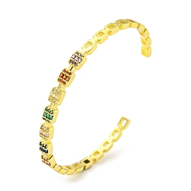 Brass Micro Pave Clear Cubic Zirconia Open Cuff Bangles, Colorful Glass Square Bangles for Women Men
