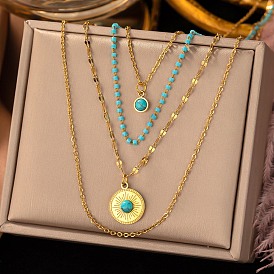 304 Stainless Steel Multi Layered Necklaces, Synthetic Turquoise and Glass Bead Necklaces, Flat Round