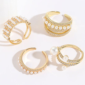 Минималистичное и модное кольцо с жемчугом и цирконом - позолоченные медные украшения для рук из 14k для женщин