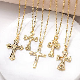 Brass Micro Pave Cubic Zirconia Pendant Necklaces, Cross