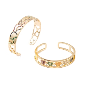 Brass Pave Colorful Cubic Zirconia Hollow Open Cuff Bangles for Women, Real 18K Gold Plated