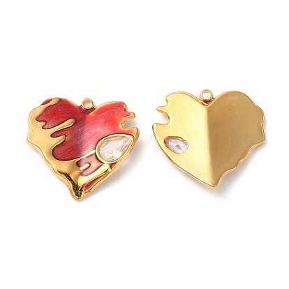 304 Stainless Steel Enamel Pendants, with Rhinestones, Real 18K Gold Plated, Heart Charm