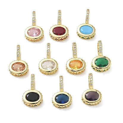 Brass Pave Cubic Zirconia Pendants, Oval Charms, Long-Lasting Plated, Rack Plating, Lead Free & Cadmium Free, Real 18K Gold Plated