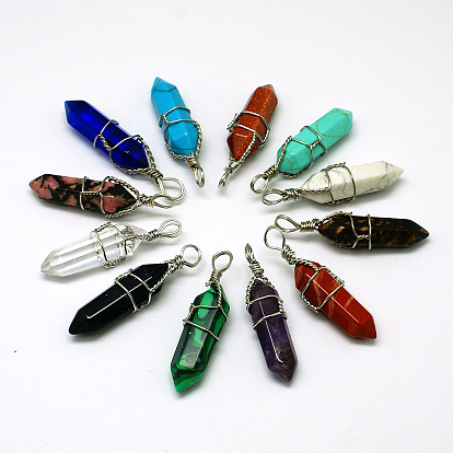 Brass Wire Wrapped Gemstone Double Terminated Pointed Pendants, Faceted, Bullet, Platinum Metal Color