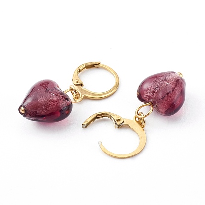 304 Stainless Steel Huggie Hoop Earrings, with Handmade Silver Foil Glass Beads, Heart, Golden