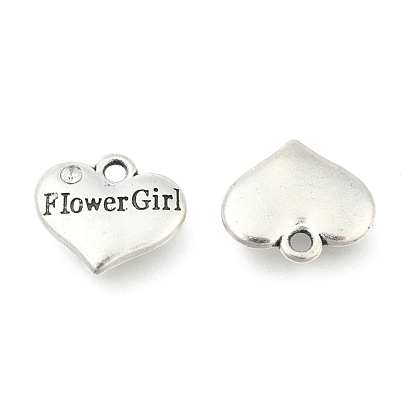 Wedding Party Supply Antique Silver Alloy Rhinestone Heart Carved Word Flower Girl Wedding Family Charms, Cadmium Free & Lead Free, 13.5x16x3mm, Hole: 2.5mm