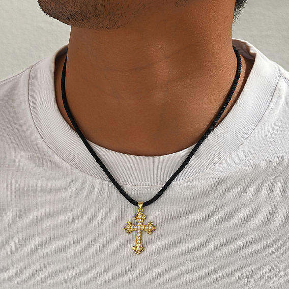 Мужские ожерелья с подвеской-крестом из латуни и искусственного жемчуга на черном шнуре, белые