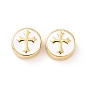 Brass Enamel Beads, Cadmium Free & Lead Free, Long-Lasting Plated, Flat Round with Cross, Real 18K Gold Plated