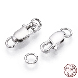 Rhodium Plated 925 Sterling Silver Lobster Claw Clasps, with Double Jump Rings, with 925 Stamp