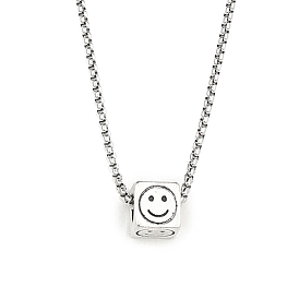 201 chaîne en acier inoxydable, colliers pendants en alliage de zinc, cube avec un visage souriant