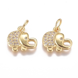 Brass Micro Pave Cubic Zirconia Pendants, with Jump Ring, Long-Lasting Plated, Elephant