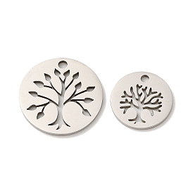 201 Stainless Steel Pendants, Laser Cut, Flat Round with Tree Charm