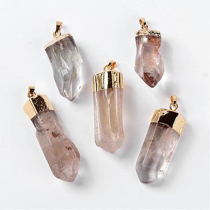 Natural Quartz Crystal Pointed Pendants, Rock Crystal, with Brass Findings, Faceted, Bullet, Clear, Golden Metal Color, 38~55x10~17mm, Hole: 7x5mm