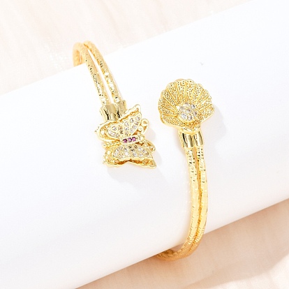 Браслеты из латуни с прозрачным кубическим цирконием в микропаве, браслеты-манжеты для женщин, форма ракушки и бабочки, стойки покрытие, долговечный, без кадмия и без свинца