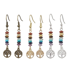 3 Pairs 3 Color Natural & Synthetic Mixed Gemstone Disc Beaded Dangle Earrings, Tree of Life Alloy Long Drop Earrings
