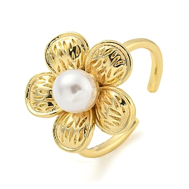 Flower ABS Plastic Imitation Pearl Beaded Open Cuff Ring, Brass Jewelry for Women