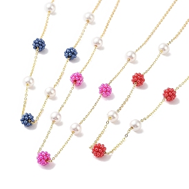Plastic Imitation Pearl Beads  Beads Necklace, 304 Stainless Steel Cable Chain Necklaces for Women