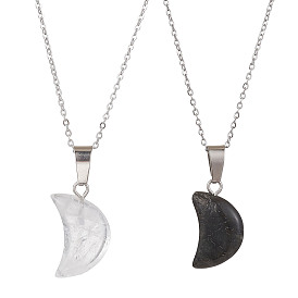 2Pcs 2 Style Crescent Moon Natural Larvikite & Quartz Crystal Pendant Necklaces, Couple Necklace with 304 Stainless Steel Cable Chains