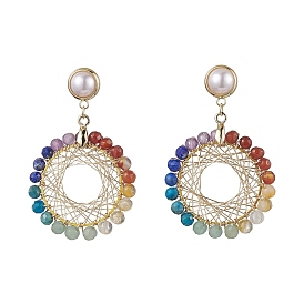 Chakra Copper Wire Wrapped Gemstone Stud Earring, Brass Dangle Earrings for Women
