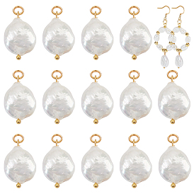 16 шт. плоские круглые подвески из натурального жемчуга Кеши, с выводами из латуни и 304 перемычками из нержавеющей стали., цвет морской раковины