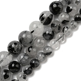 Qualité d'un brin de perles de quartz tourmaliné naturel/quartz rutilé noir, ronde