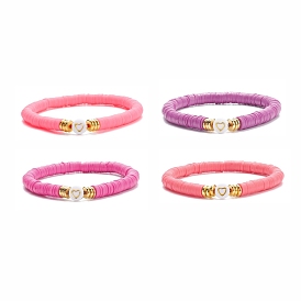 4 pcs 4 ensemble de bracelets extensibles heishi surfeur en argile polymère couleur faits à la main, alliage coeur perlé preppy bracelet femmes