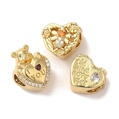 Покрытие стойки в форме сердца, латунные микропаве, кубический цирконий, европейские бусины, бусины с большим отверстием, без кадмия и без свинца, долговечный, реальный 18 k позолоченный