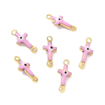 Brass Enamel Connector Charms, Real 18K Gold Plated, Religion Cross with Evil Eye Pattern