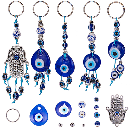 DIY Keychain Making, Handmade Lampwork Evil Eye Pendants, Resin & Porcelain Beads, Alloy Chandelier Components Links & Iron Split Key Rings, Waxed Cotton Thread Cords