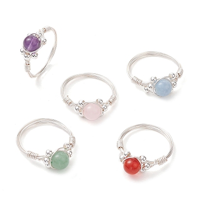 5 pcs 5 styles bague ronde en pierres précieuses naturelles, bague enveloppée de fil de cuivre pour femme