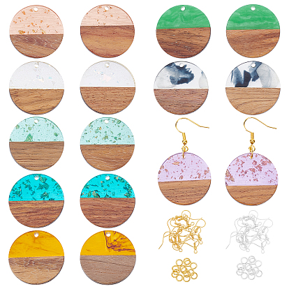 DIY Earring Making Kit, Including Resin & Walnut Wood Pendants, Iron Earring Hooks & Open Jump Rings, Flat Round