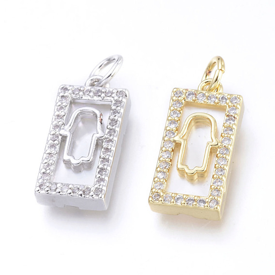 Латунные микро проложить кубического циркония подвески, с прыжковыми кольцами и натуральной оболочкой, долговечный, без кадмия и без свинца и без никеля, для религии, прямоугольник с рукой хамса / рукой фатимы / рукой мириам, прозрачные