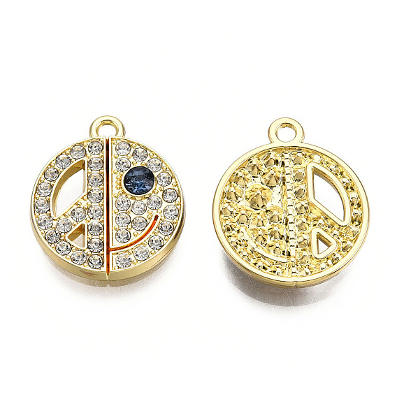 Rack Plating Alloy Pendants, with Rhinestone, Cadmium Free & Nickel Free & Lead Free, Flat Round with Smiling Face