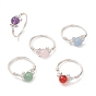 5Pcs 5 Styles Round Natural Gemstone Ring, Copper Wire Wrapped Ring for Women