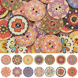 100шт. печатных деревянных пуговиц, 2-луночное, плоско-круглые