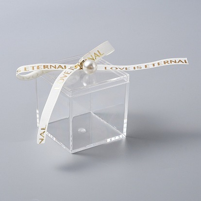 Square Transparent Acrylic Candy Gift Boxes, with Plastic Imitated Pearls Rhinestone Pendants, Polyester Ribbon, Raffia Crinkle Cut Paper Shred Filler and Sticker, Wedding