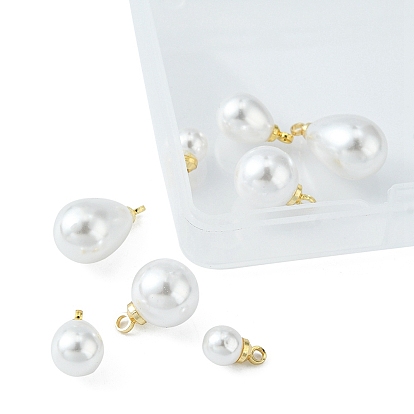 8Pcs 4 Styles ABS Plastic Imitation Pearl Charms, with Brass Findings, Round & Teardrop