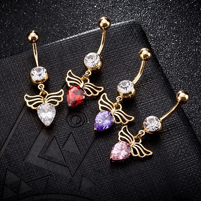 Brass Cubic Zirconia Navel Ring, Belly Rings, with 304 Stainless Steel Bar, Cadmium Free & Lead Free, Angel's Wing