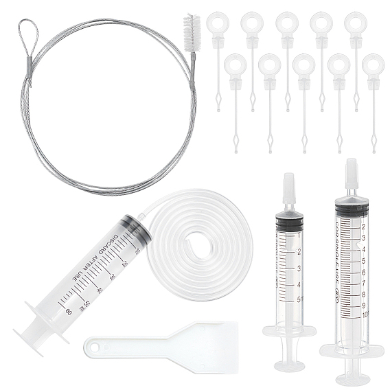 Наборы инструментов для чистки холодильника, В комплект входят пластиковые трубы, иглы, шприцы для инъекций и лопаты., стальные щетки, пластиковый универсальный поршень для слива в холодильнике