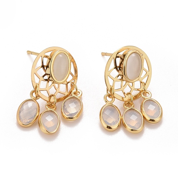 Rack Plating Brass Woven Net Dangle Stud Earrings with Oval Glass for Women, Cadmium Free & Lead Free & Nickle Free