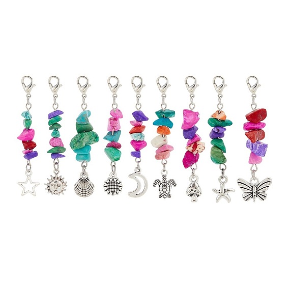 12 наборы 3 стиль тибетский стиль сплав подвесные украшения, с 7 чакрами из синтетических бирюзовых бусин и застежками-карабинами из сплава