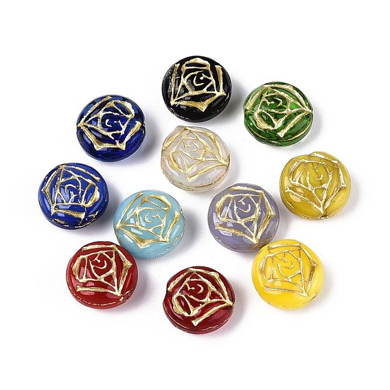 Непрозрачные стеклянные бусы, плоские круглые с цветком, золотой металл обвитыми