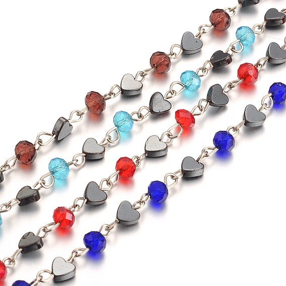Glass Beads Chains for Necklaces Bracelets Making, with Non-Magnetic Hematite Beads and Iron Eye Pin, Unwelded, 39.3 inch