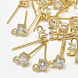 Brass Stud Earring Findings, with Loop, Cubic Zirconia, Clear