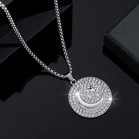 Ожерелья с подвесками из цинкового сплава с микропаве из прозрачных кубических цирконий, плоскими круглыми, со звездой и луной