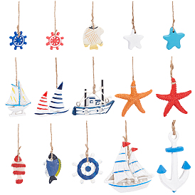 PandaHall Elite 15Pcs 15 Style Ocean Theme Resin Pendant Decorations, with Hemp Rope, Fish, Anchor, Helm, Boat, Starfish