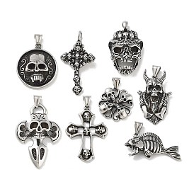 304 Stainless Steel Pendants, Antique Silver, Cross/Flat Round/Fish with Skull Charm